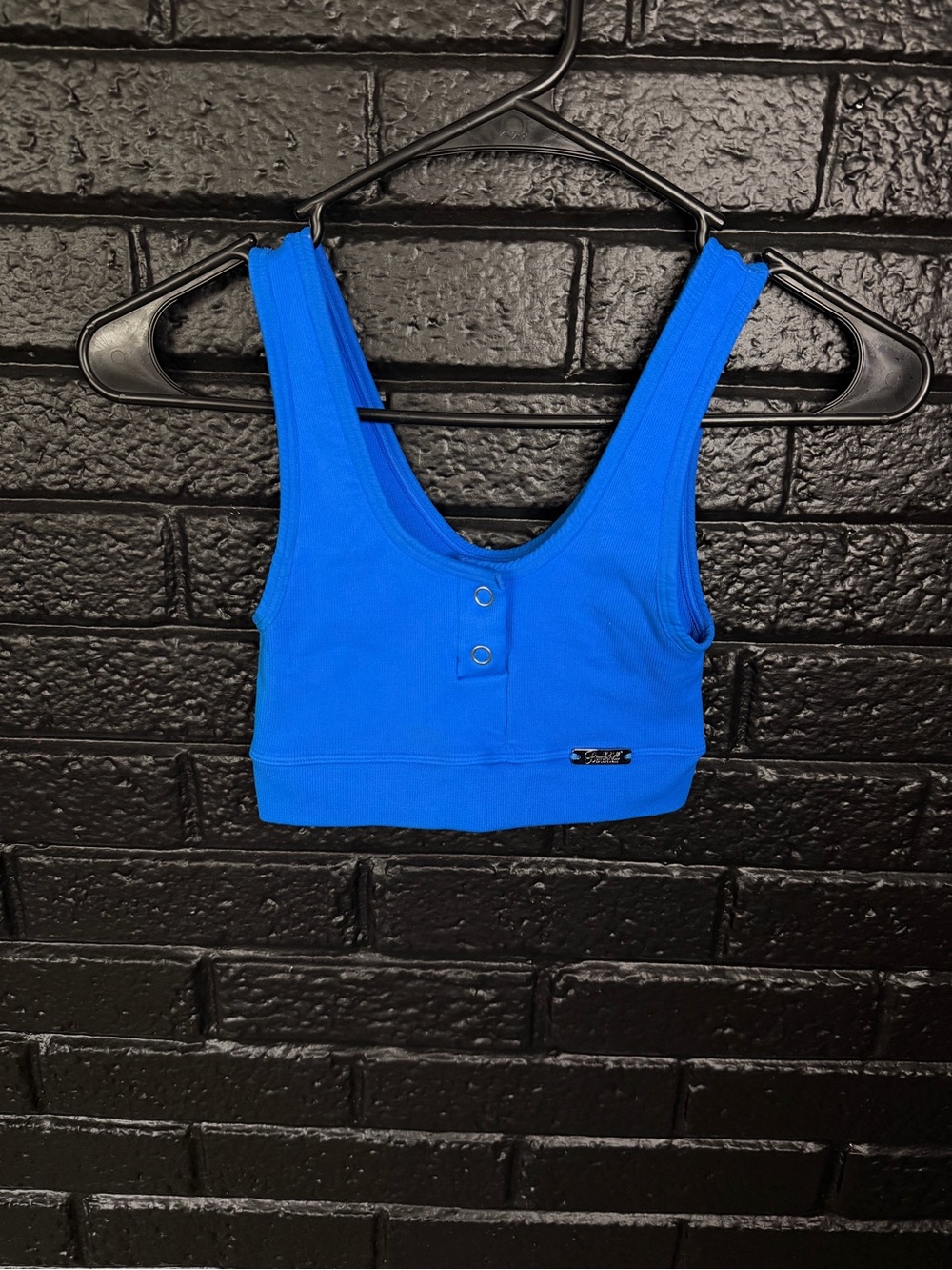 Bombshell sportswear Blue Women's Scoop Neck Crop Tank Top with Snap Detail